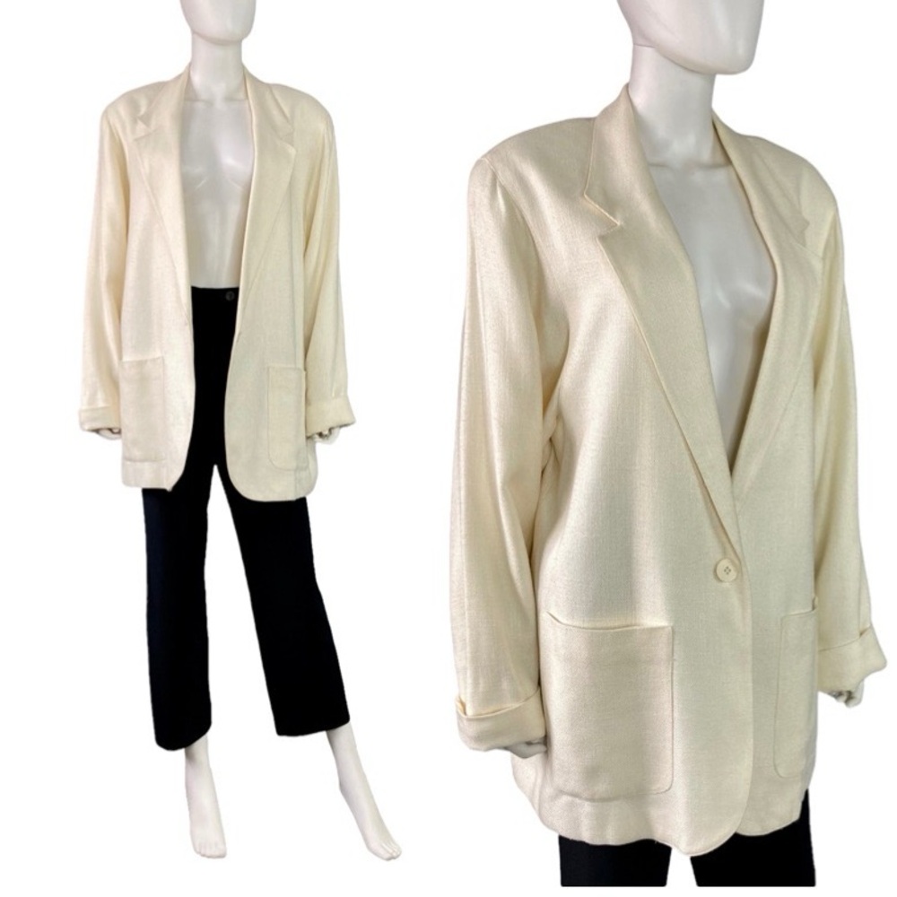 Vintage off white Linen woven notched collar classic capsule Blazer Jacket 16